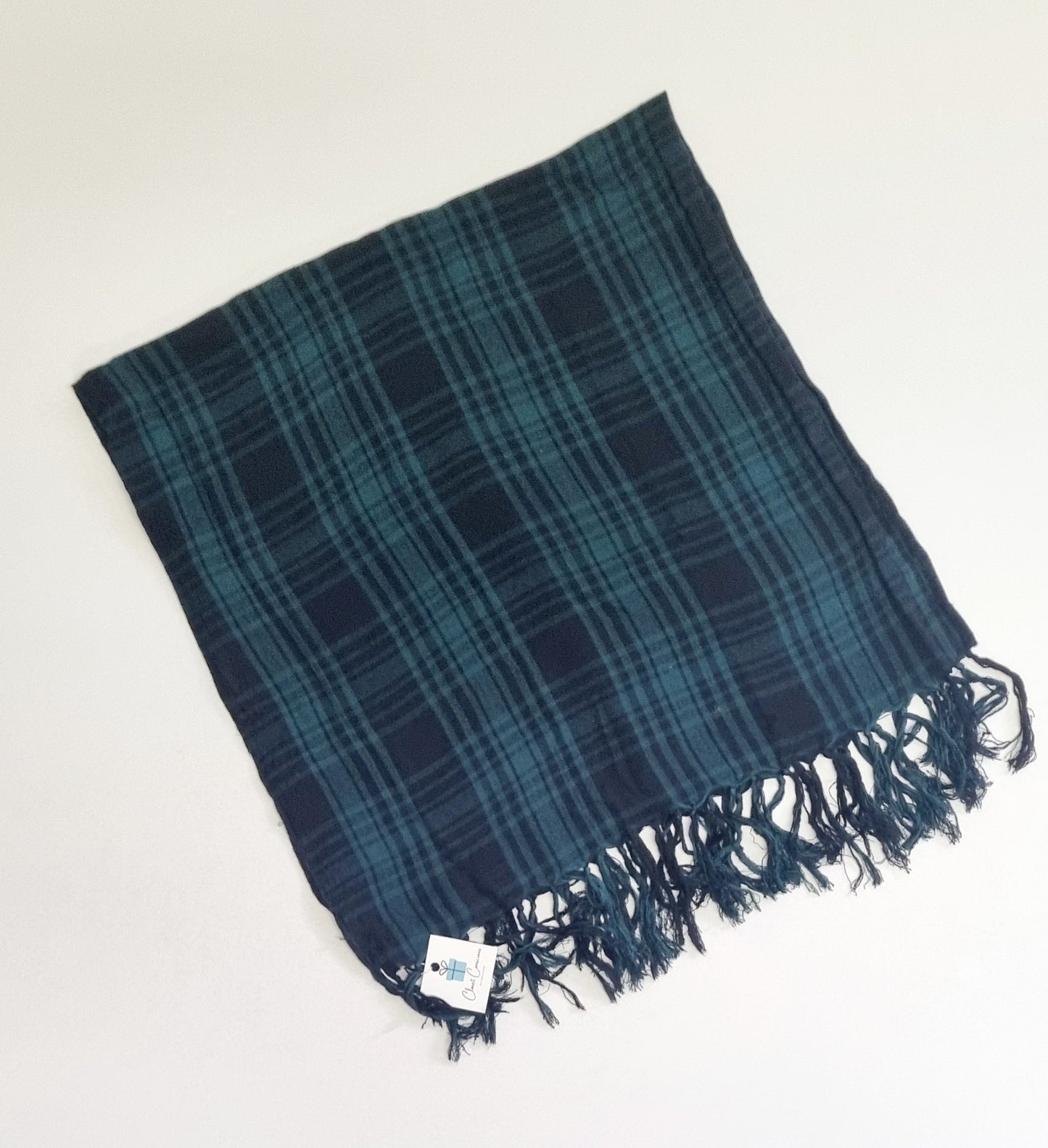 Scarf - Green & black tasseled scarf