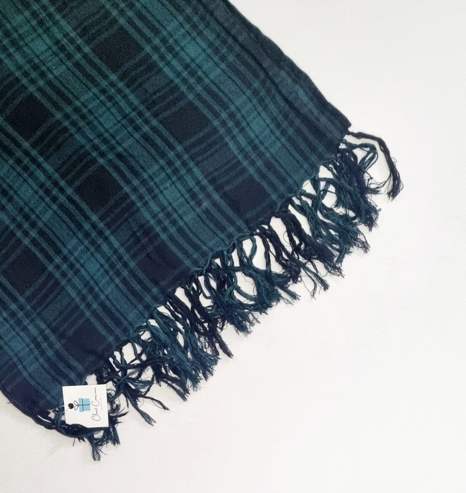 Scarf - Green & black tasseled scarf