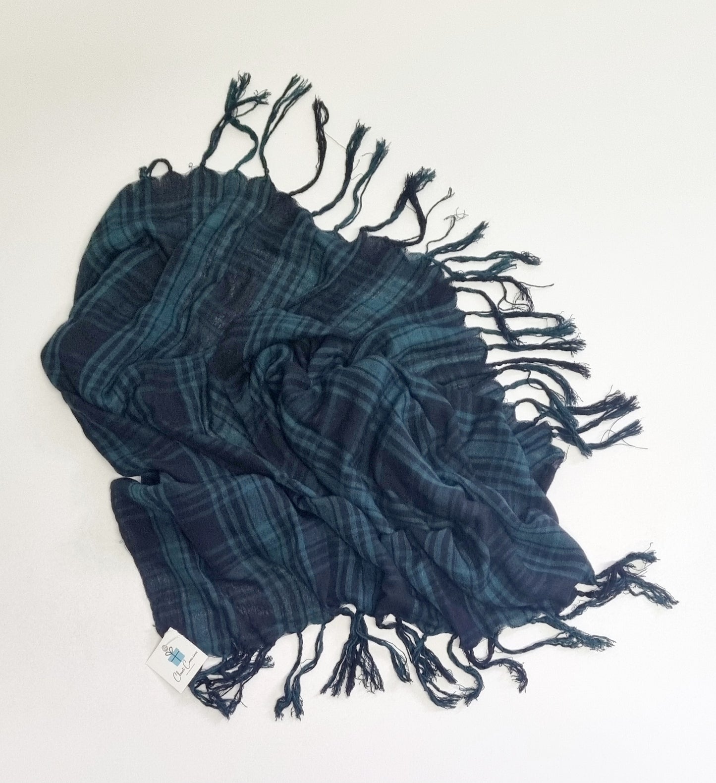 Scarf - Green & black tasseled scarf