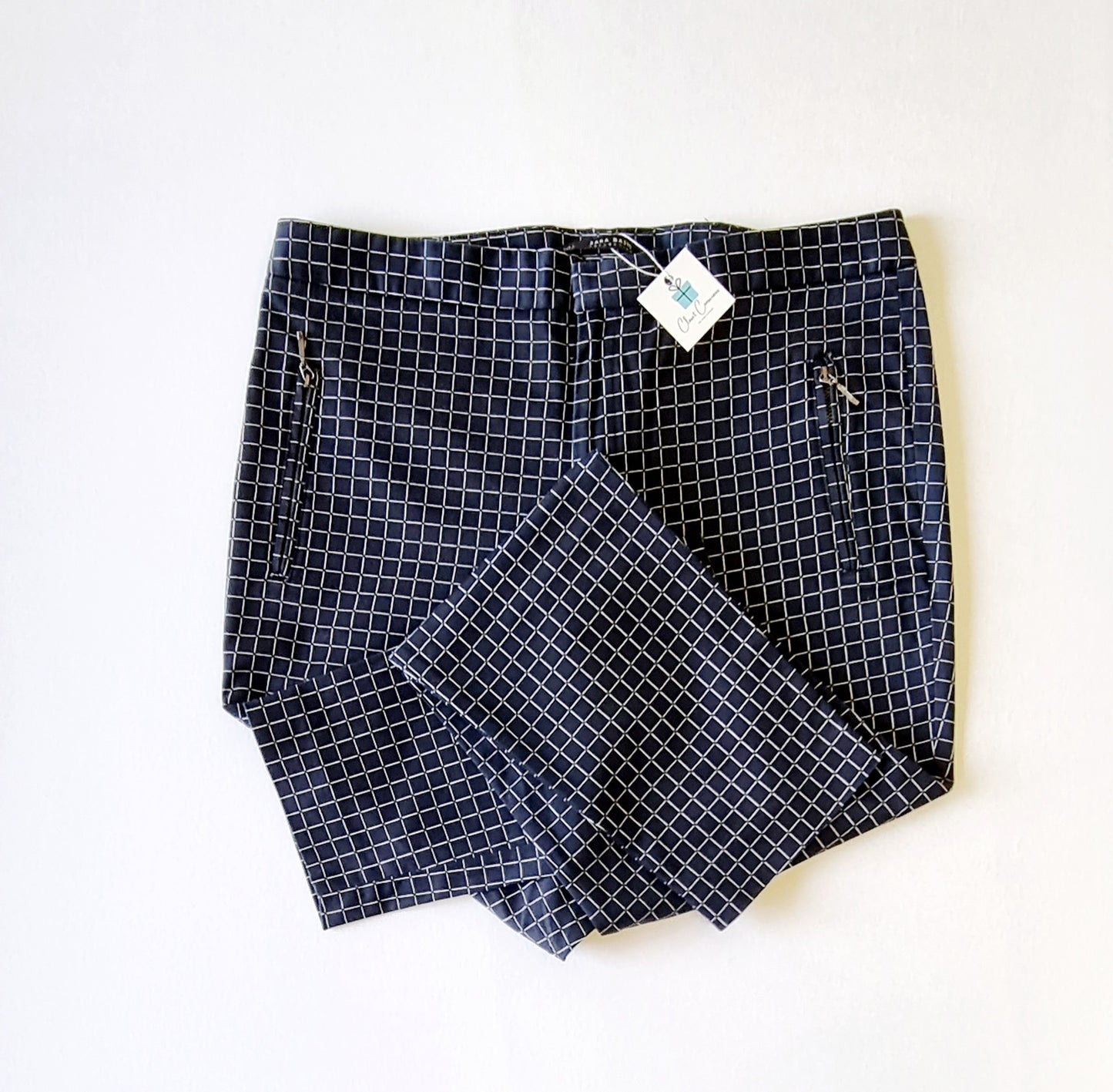 Zara Basics - Blue & white square patterned straight legged trousers