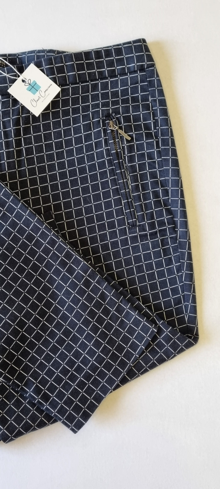 Zara Basics - Blue & white square patterned straight legged trousers