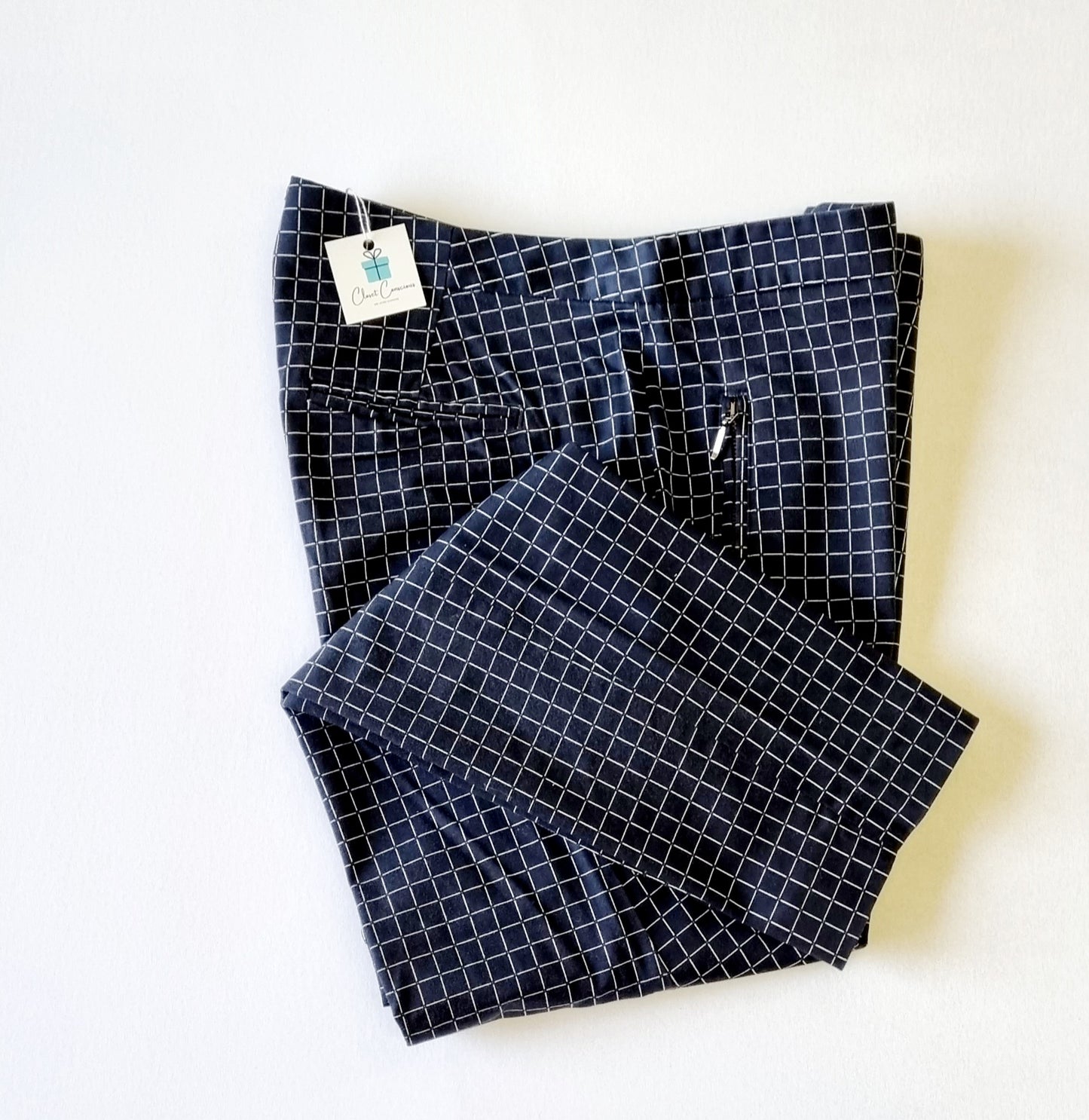 Zara Basics - Blue & white square patterned straight legged trousers