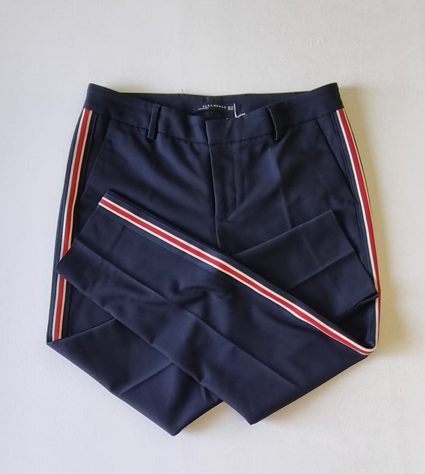 Zara Woman - Blue dress pants with red & white side-stripe