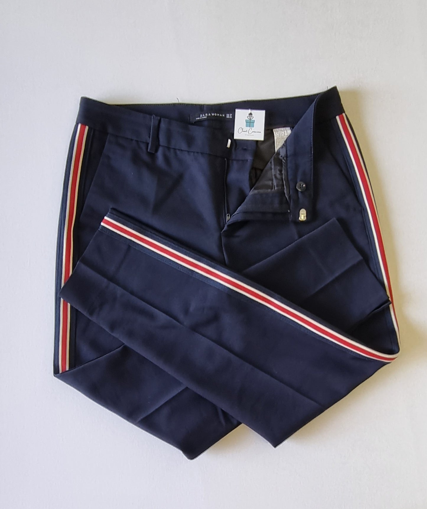 Zara Woman - Blue dress pants with red & white side-stripe