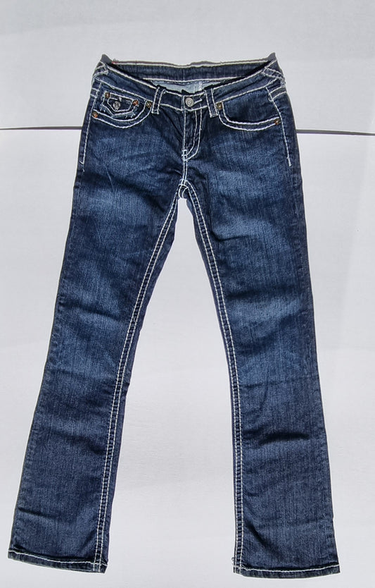 Miss Chic Jeans - Medium blue boot cut leg designer jeans with white stitching