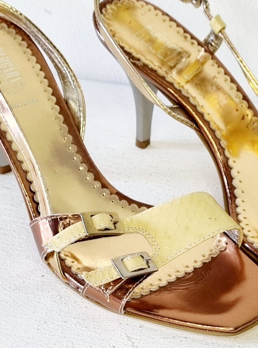 Barbara Bucci - Vera Pelle made in Italy - Gold Upper And Silver Heeled Designer Vintage Sandals