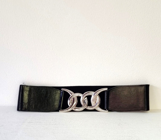 No Brand - Black & Silver Mid Waist Stretch Belt