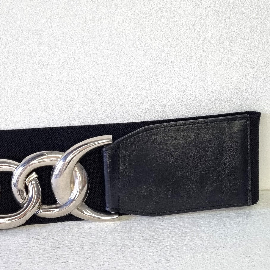 No Brand - Black & Silver Mid Waist Stretch Belt