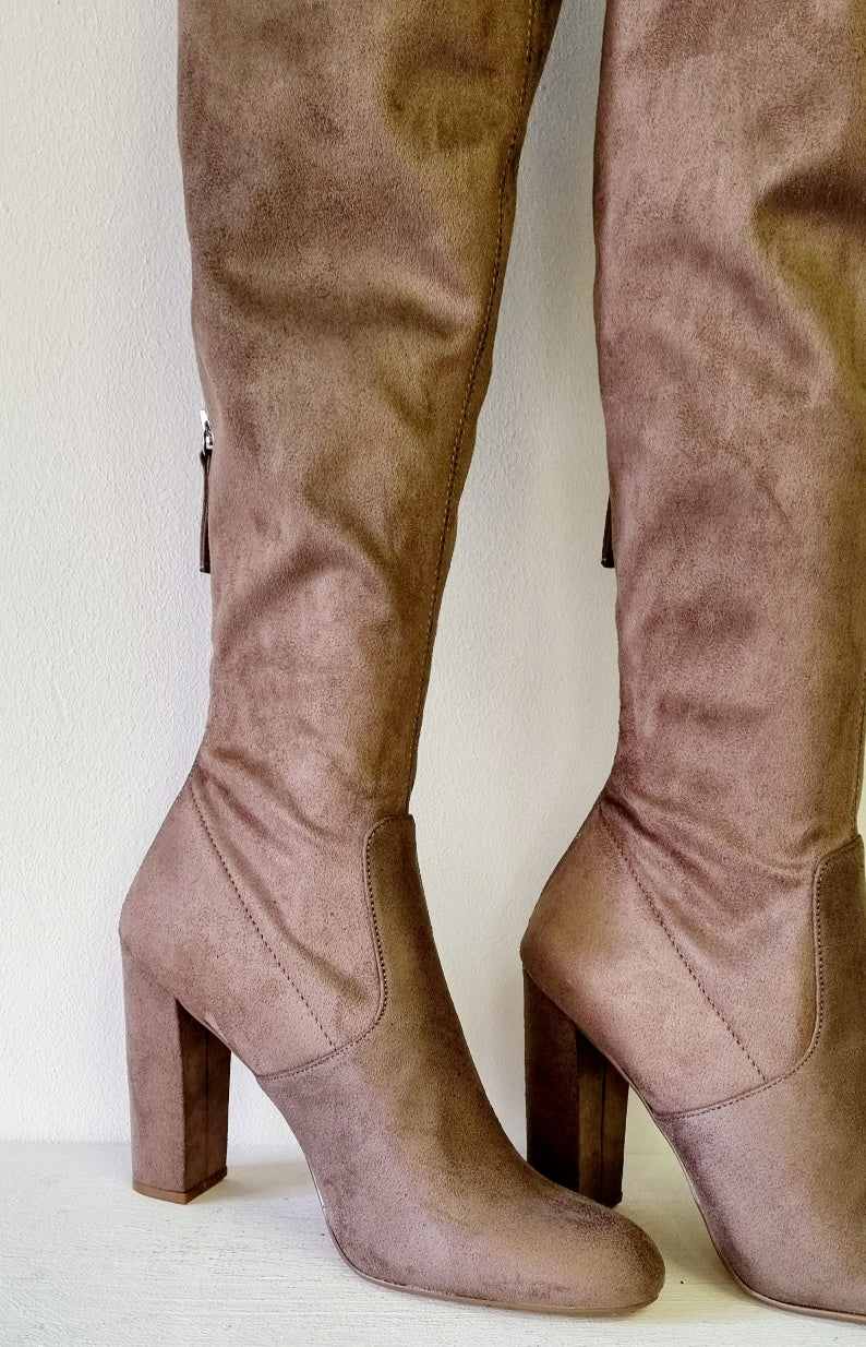 Emotions - Light Brown Thigh Hi Square Heeled Boots