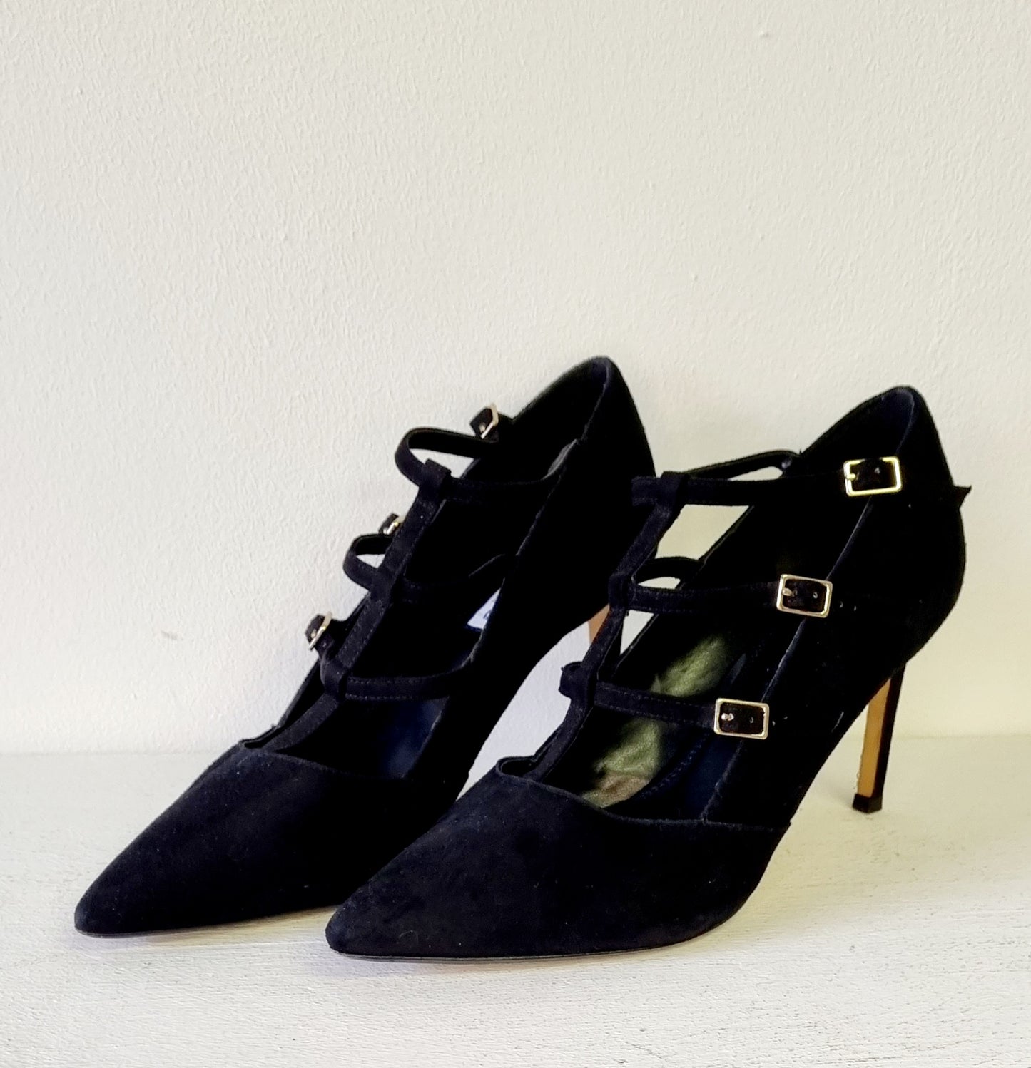 Dune London - Black suede stiletto heel front strap up court shoe