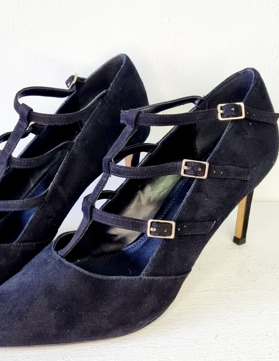 Dune London - Black suede stiletto heel front strap up court shoe