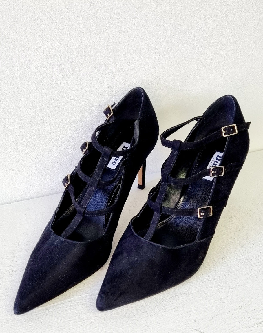 Dune London - Black suede stiletto heel front strap up court shoe