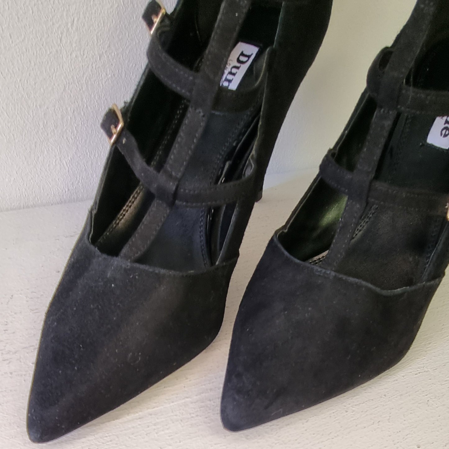 Dune London - Black suede stiletto heel front strap up court shoe