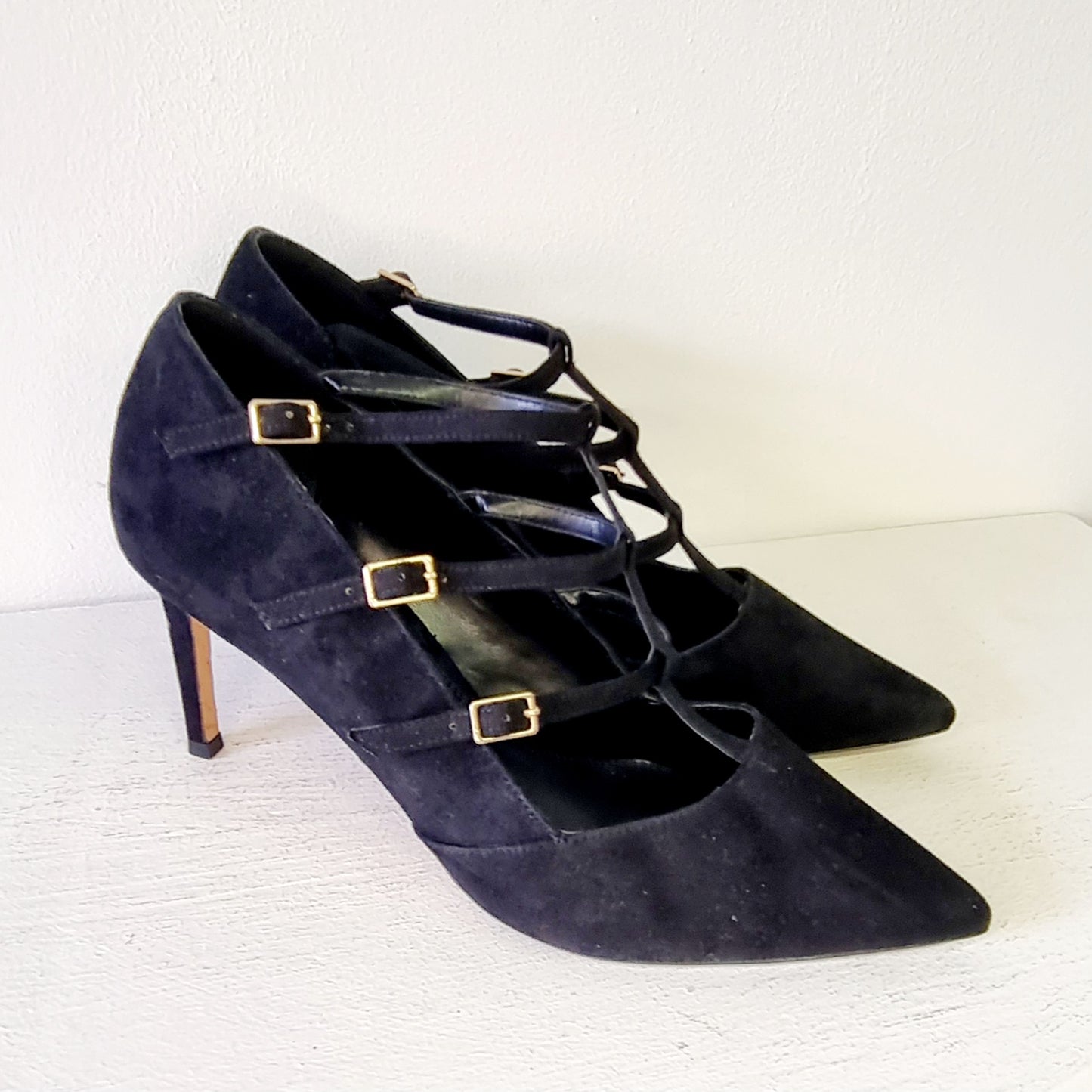 Dune London - Black suede stiletto heel front strap up court shoe