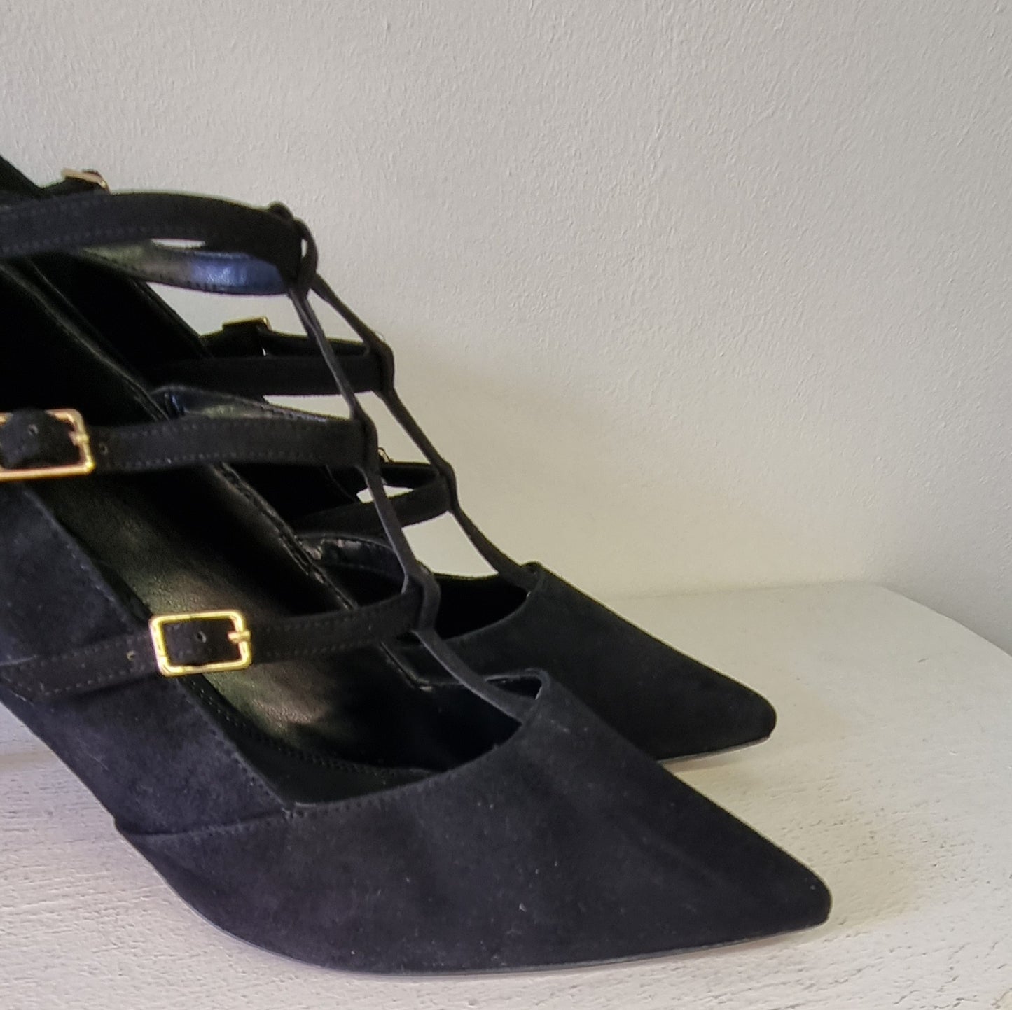 Dune London - Black suede stiletto heel front strap up court shoe