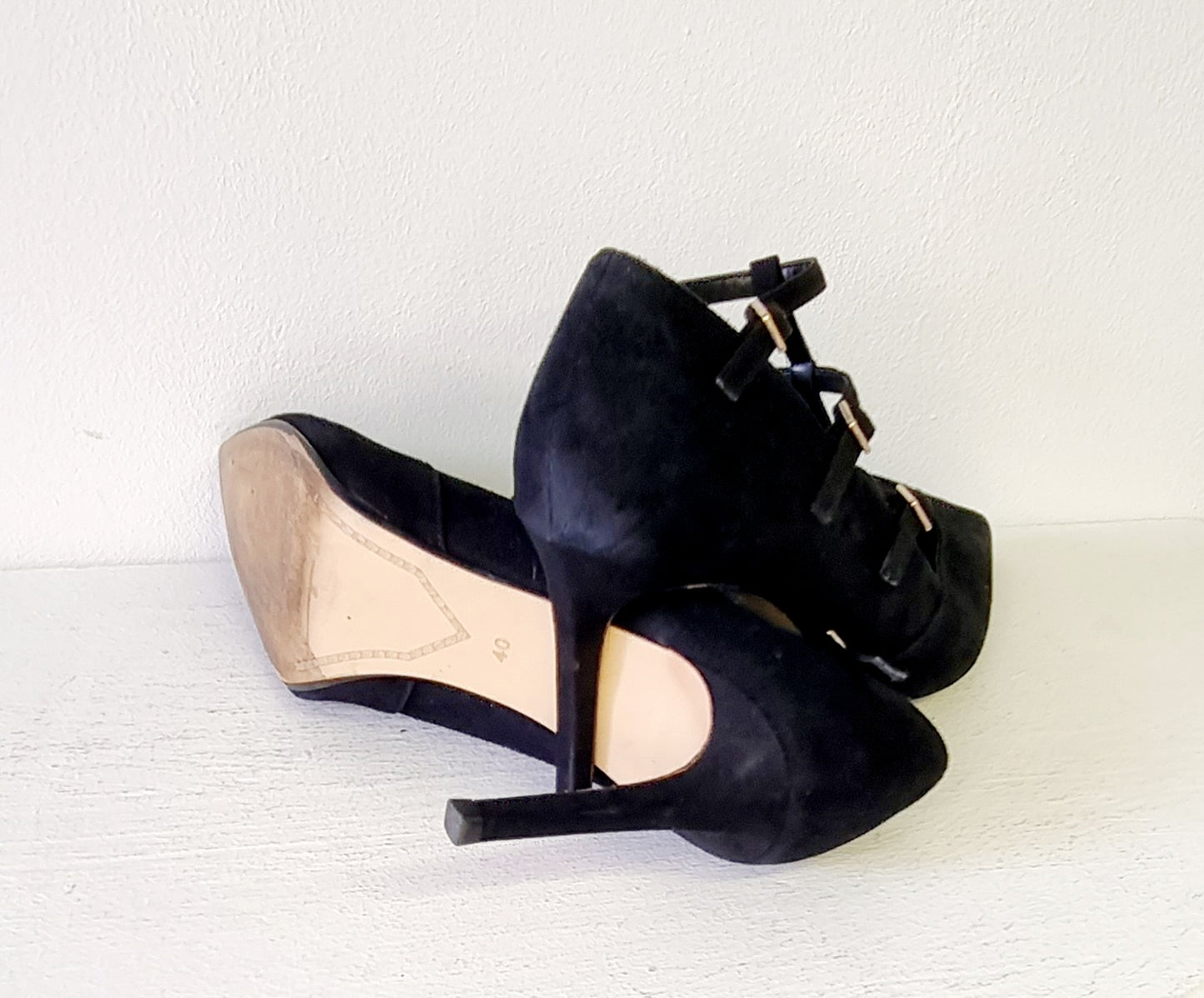 Dune London - Black suede stiletto heel front strap up court shoe