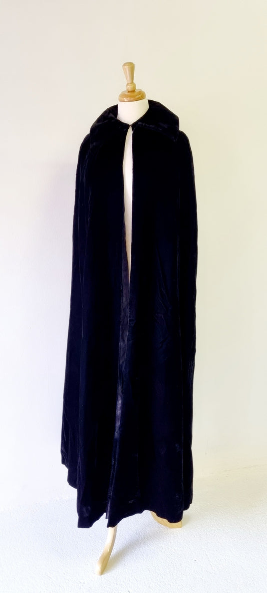 Cape - Black Velvet Lined Cape With Collar and Hook Neck Tie
