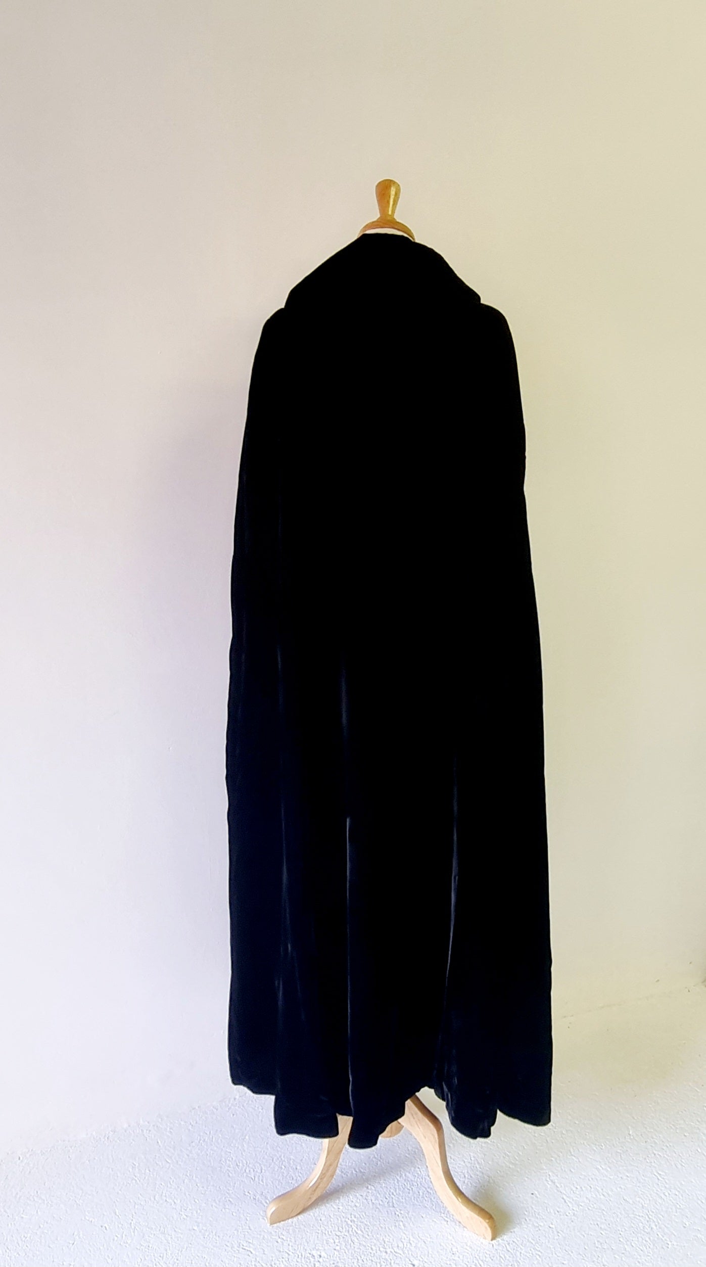Cape - Black Velvet Lined Cape With Collar and Hook Neck Tie