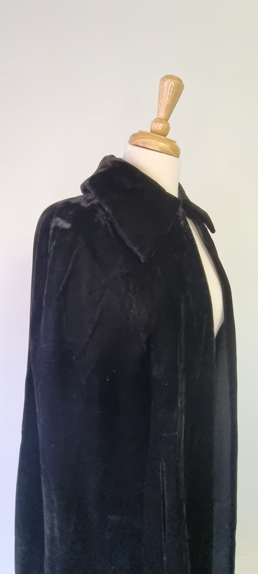 Cape - Black Velvet Lined Cape With Collar and Hook Neck Tie