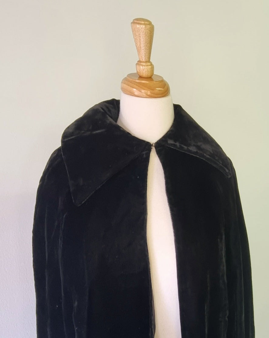 Cape - Black Velvet Lined Cape With Collar and Hook Neck Tie