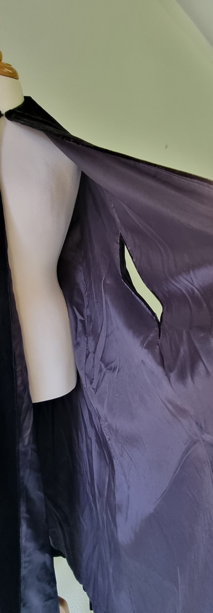 Cape - Black Velvet Lined Cape With Collar and Hook Neck Tie