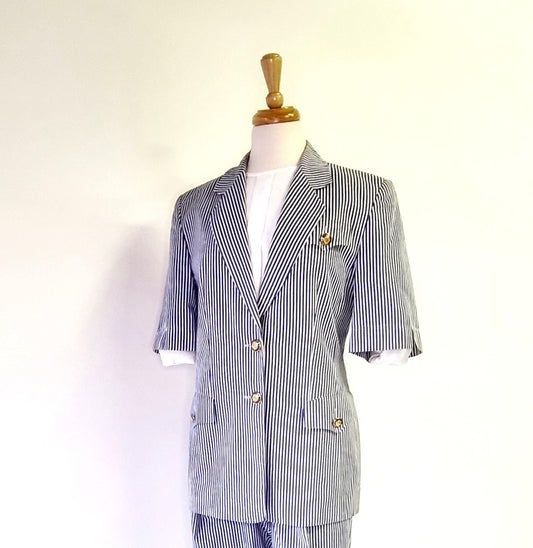 BASLER Weekend by - Classic Vintage Blue & White Striped Nautical Short Sleeve Jacket