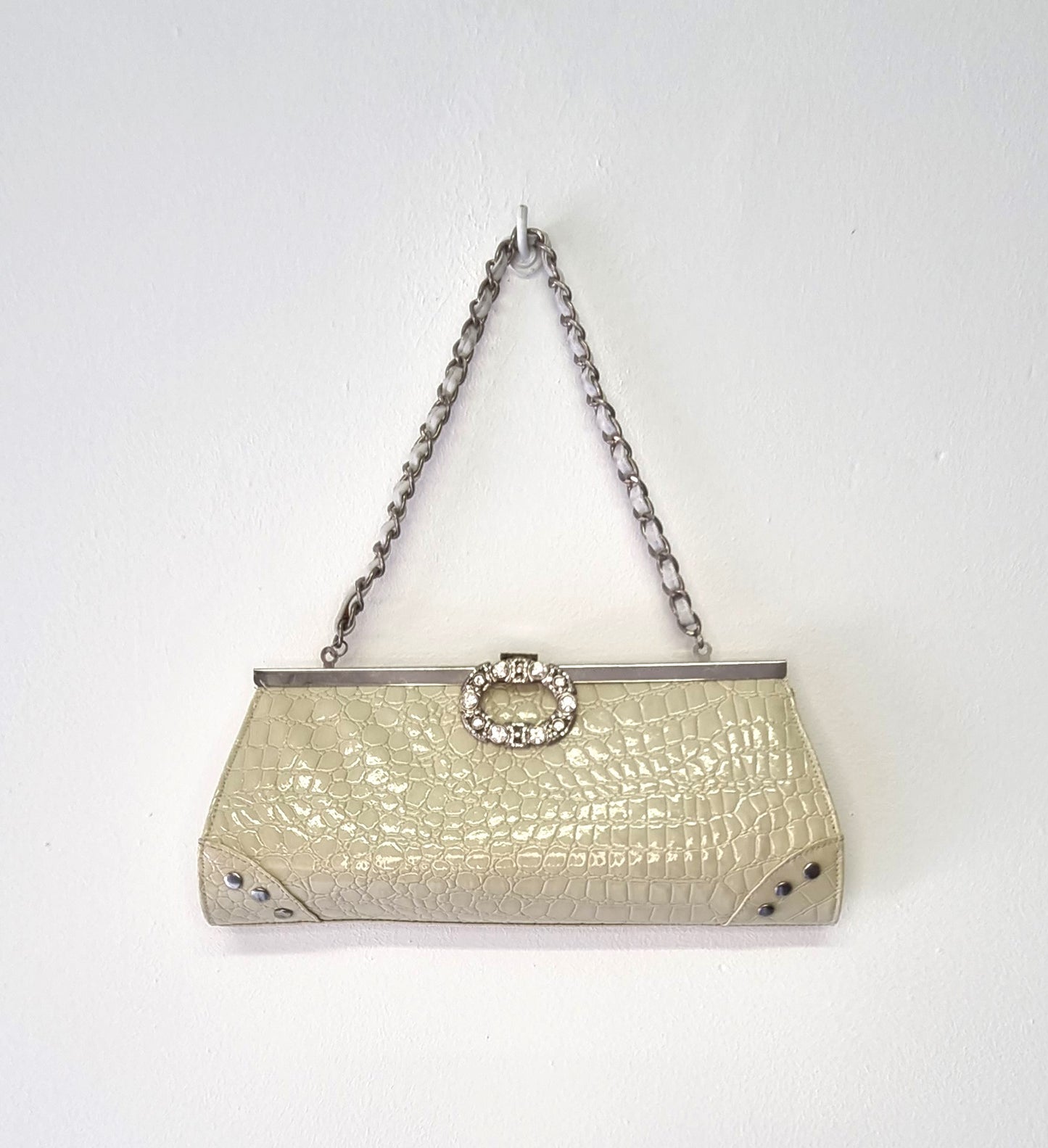 Vintage Beige Croc-Embossed Pleather Clutch Bag/Purse