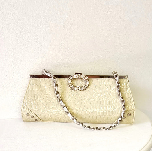 Vintage Beige Croc-Embossed Pleather Clutch Bag/Purse