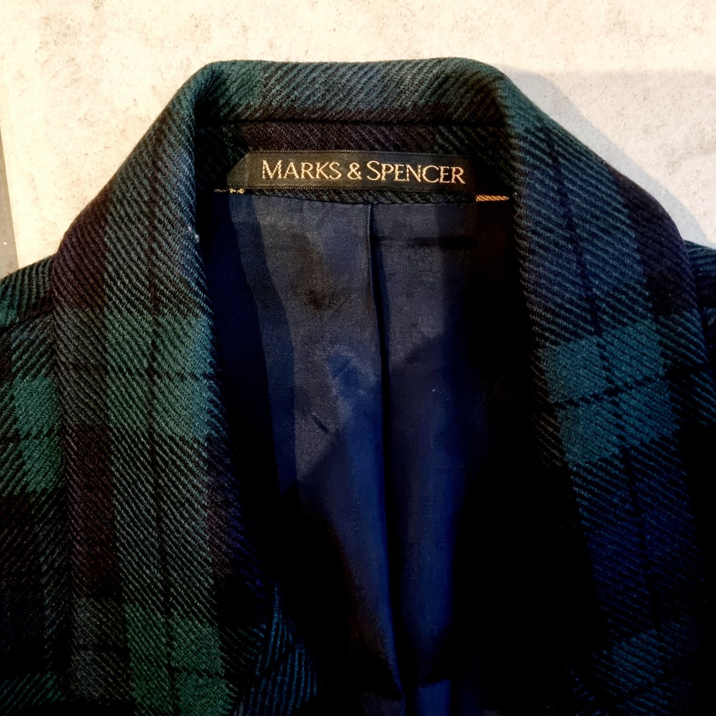 Marks & Spencer - Green and Blue Double-Breasted Wool Plaid Blazer