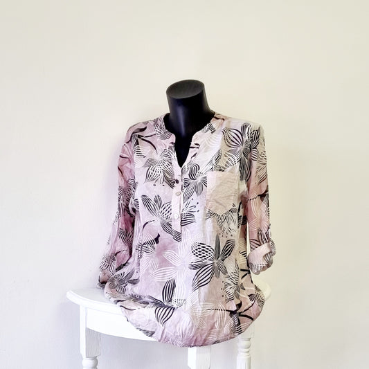 Made in Italy - Pink & Black Flower Print Mandarin Blouse