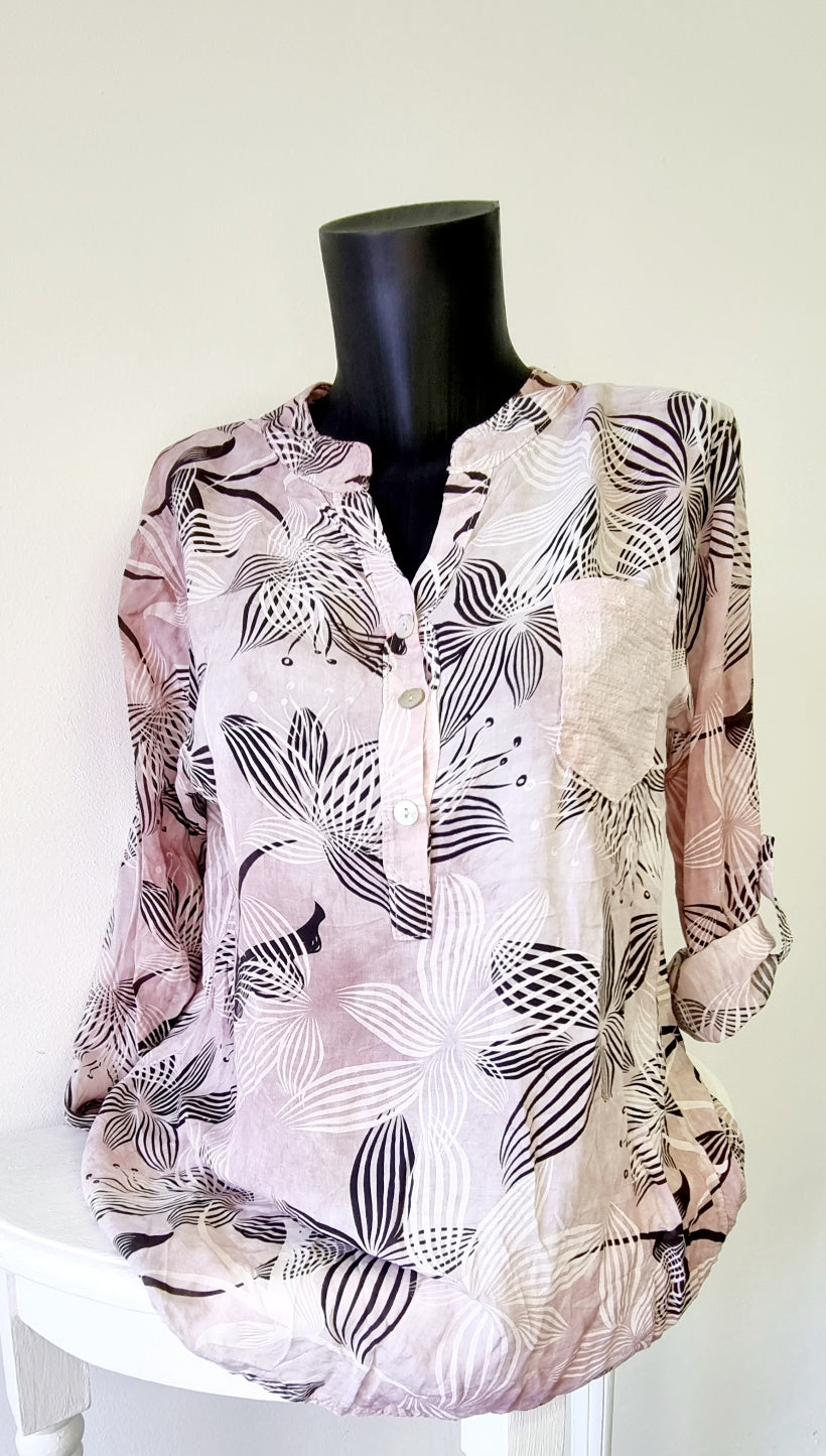 Made in Italy - Pink & Black Flower Print Mandarin Blouse