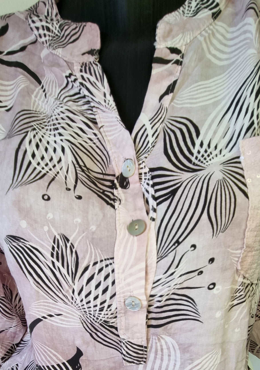 Made in Italy - Pink & Black Flower Print Mandarin Blouse