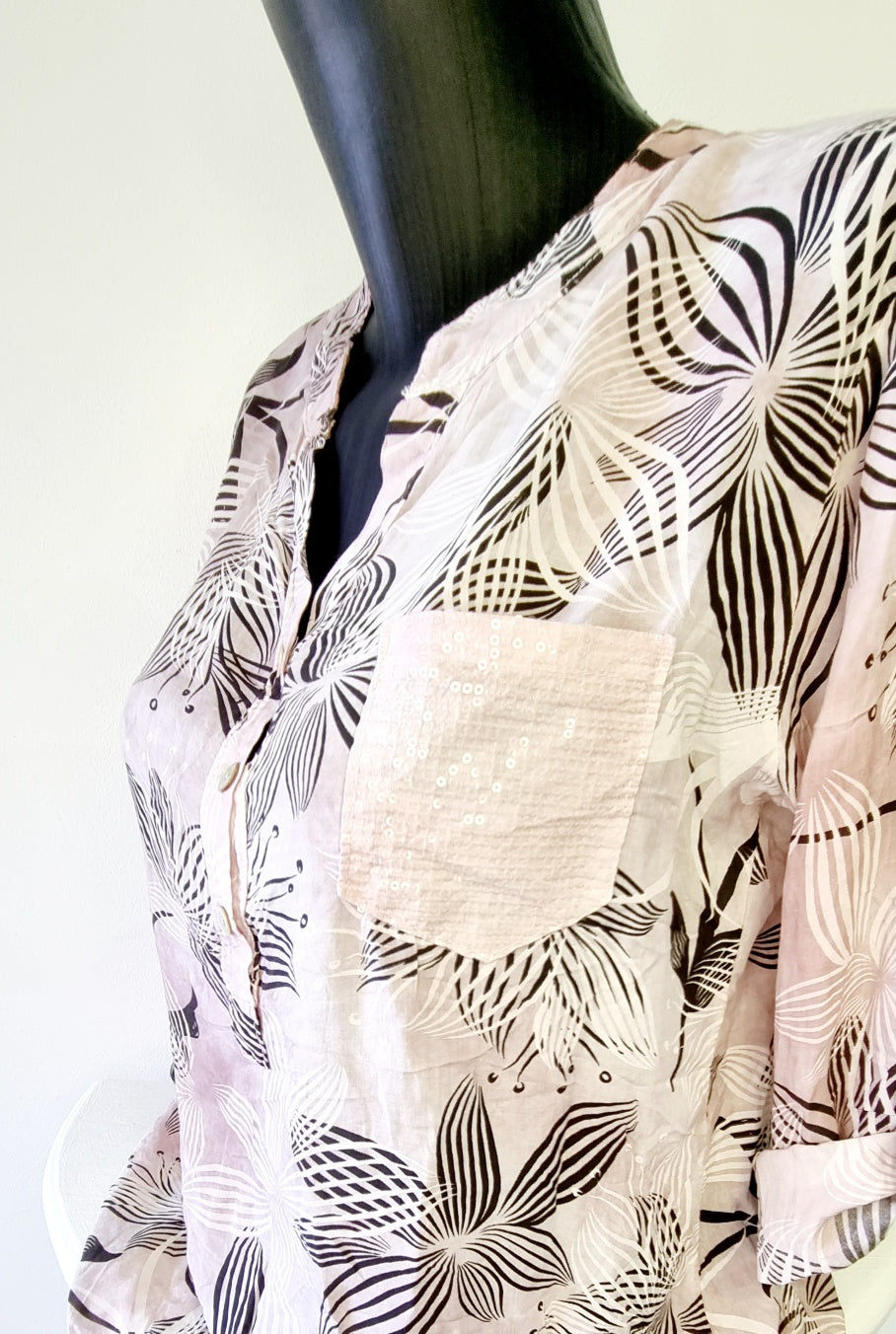 Made in Italy - Pink & Black Flower Print Mandarin Blouse