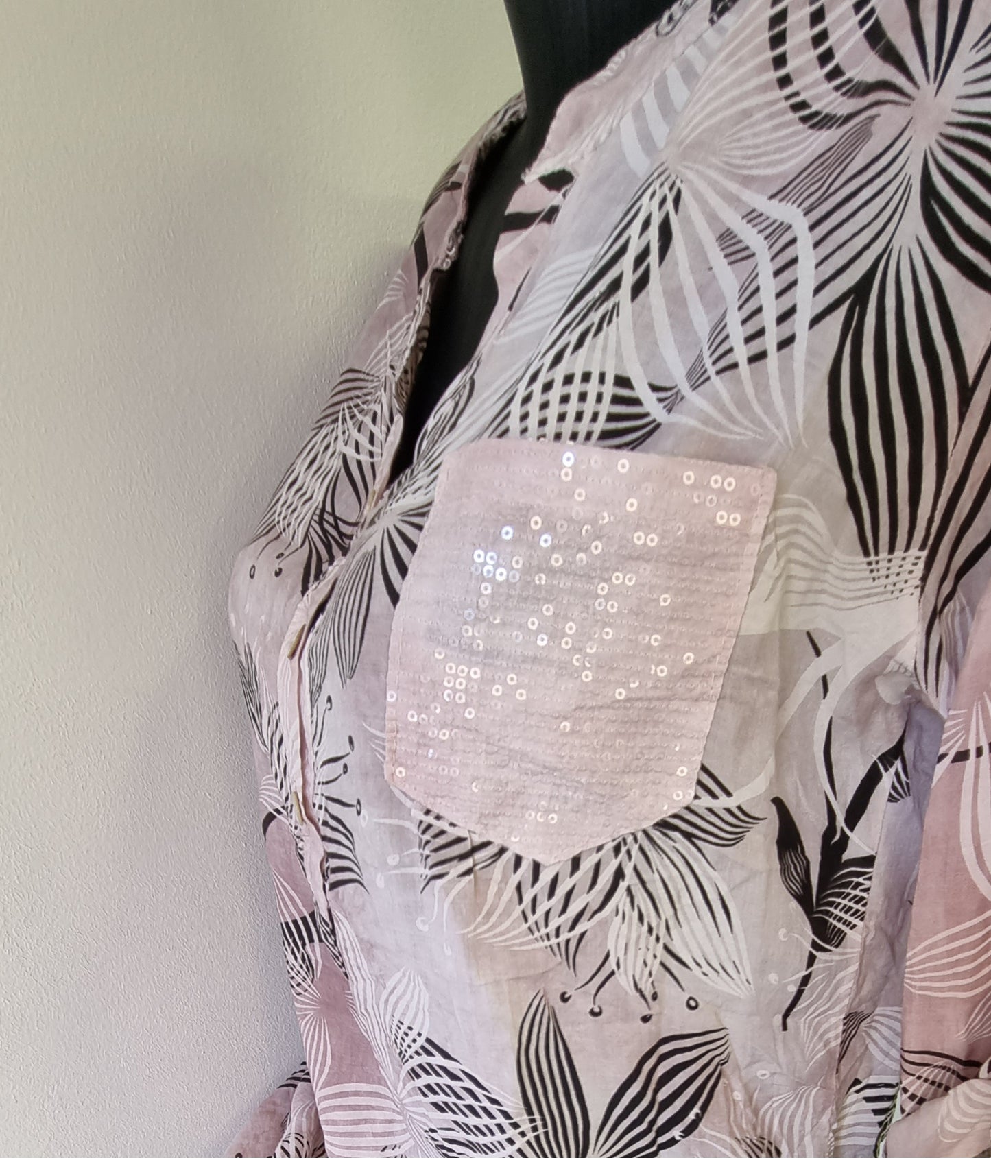 Made in Italy - Pink & Black Flower Print Mandarin Blouse