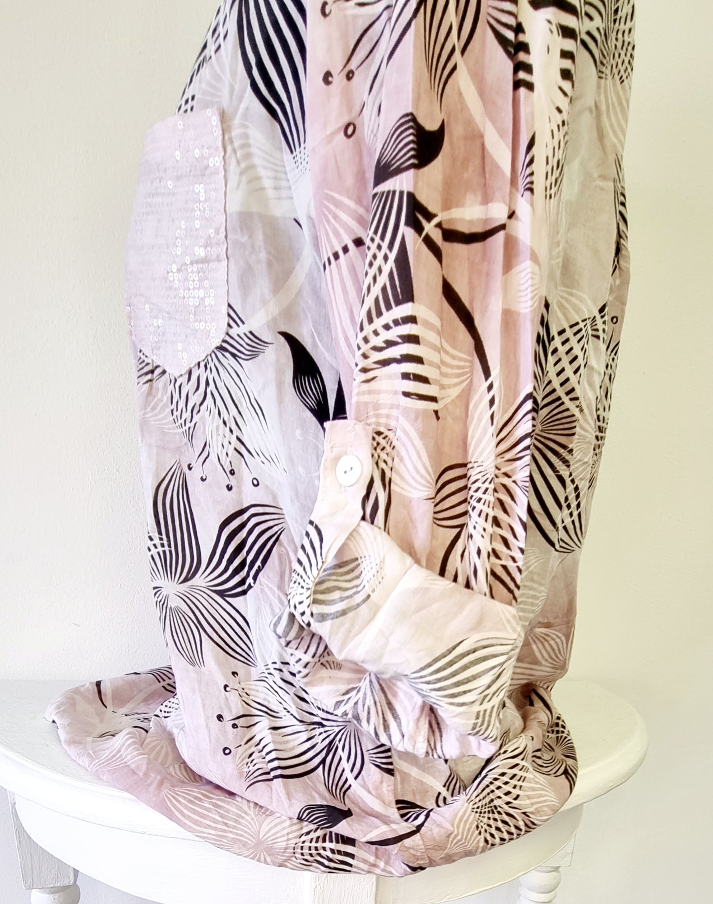 Made in Italy - Pink & Black Flower Print Mandarin Blouse