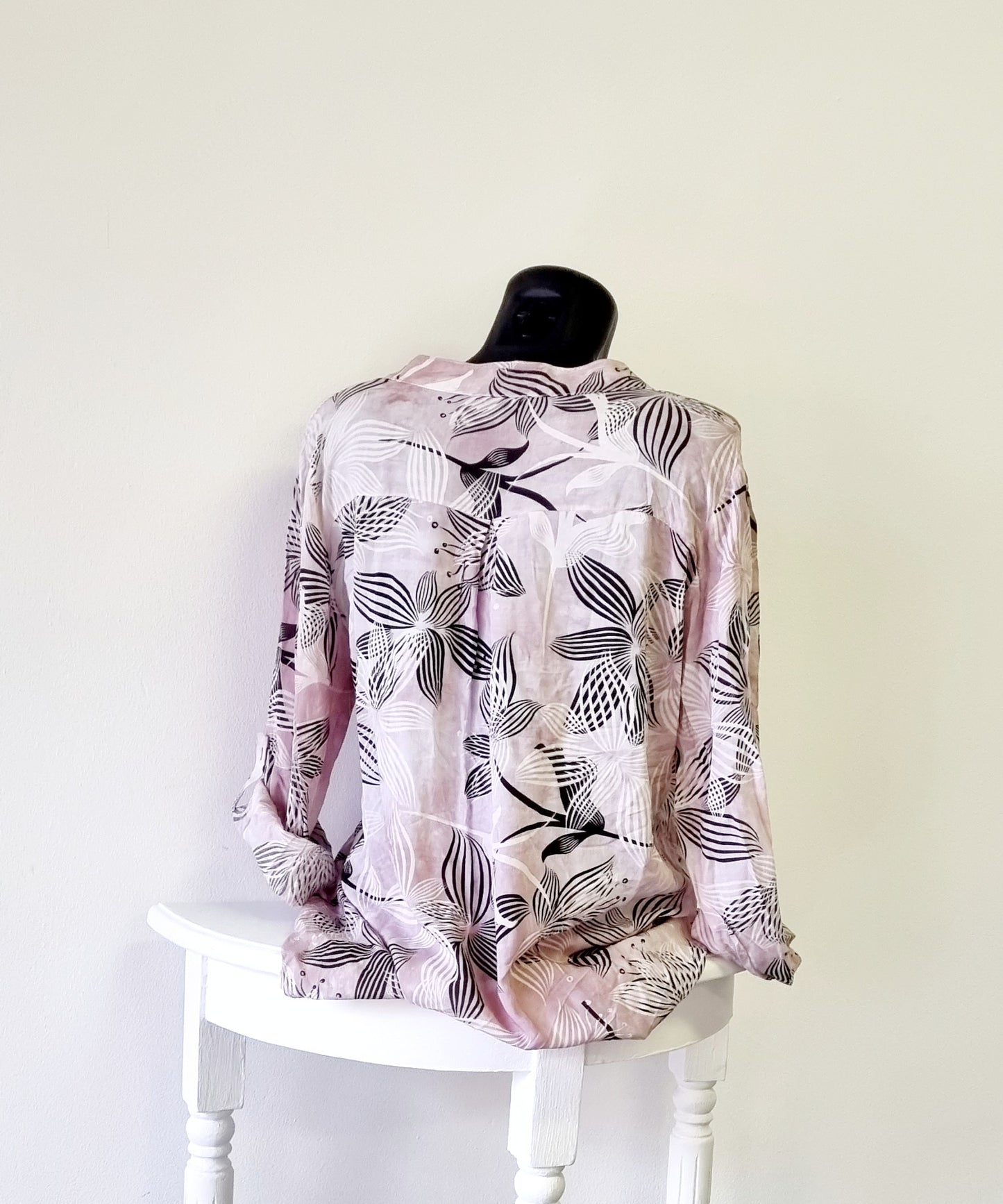 Made in Italy - Pink & Black Flower Print Mandarin Blouse