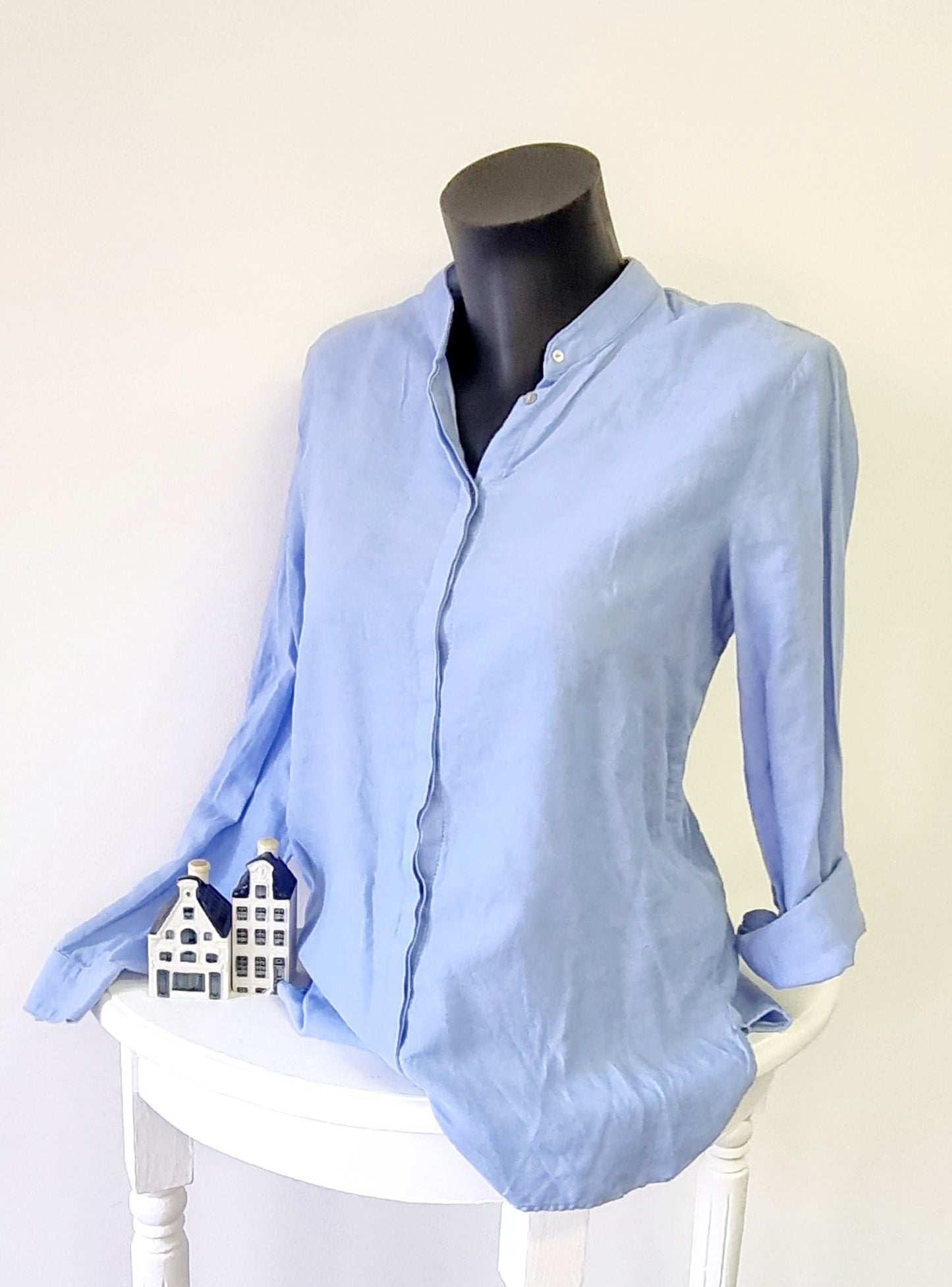Zara - Summer Blue Mandarin Collar Roll Sleeves Beth Curved Hem Shirt