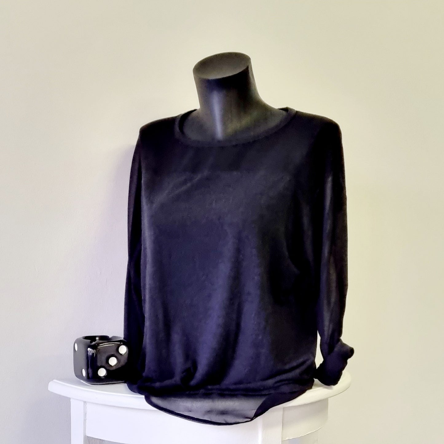 Zara - Thin Black Soft Knit Long Sleeve Blouse With Sheer Insert Hem and Neckline
