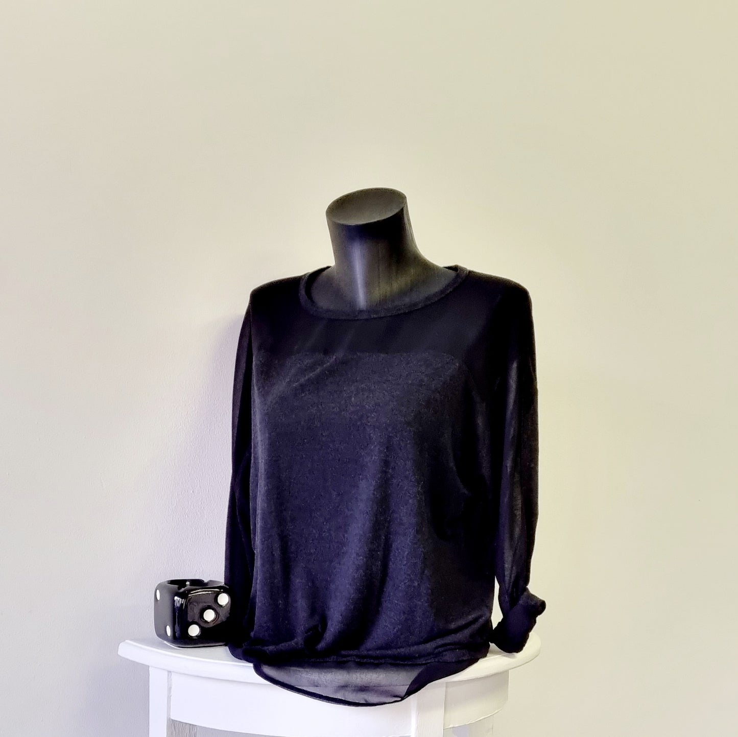 Zara - Thin Black Soft Knit Long Sleeve Blouse With Sheer Insert Hem and Neckline