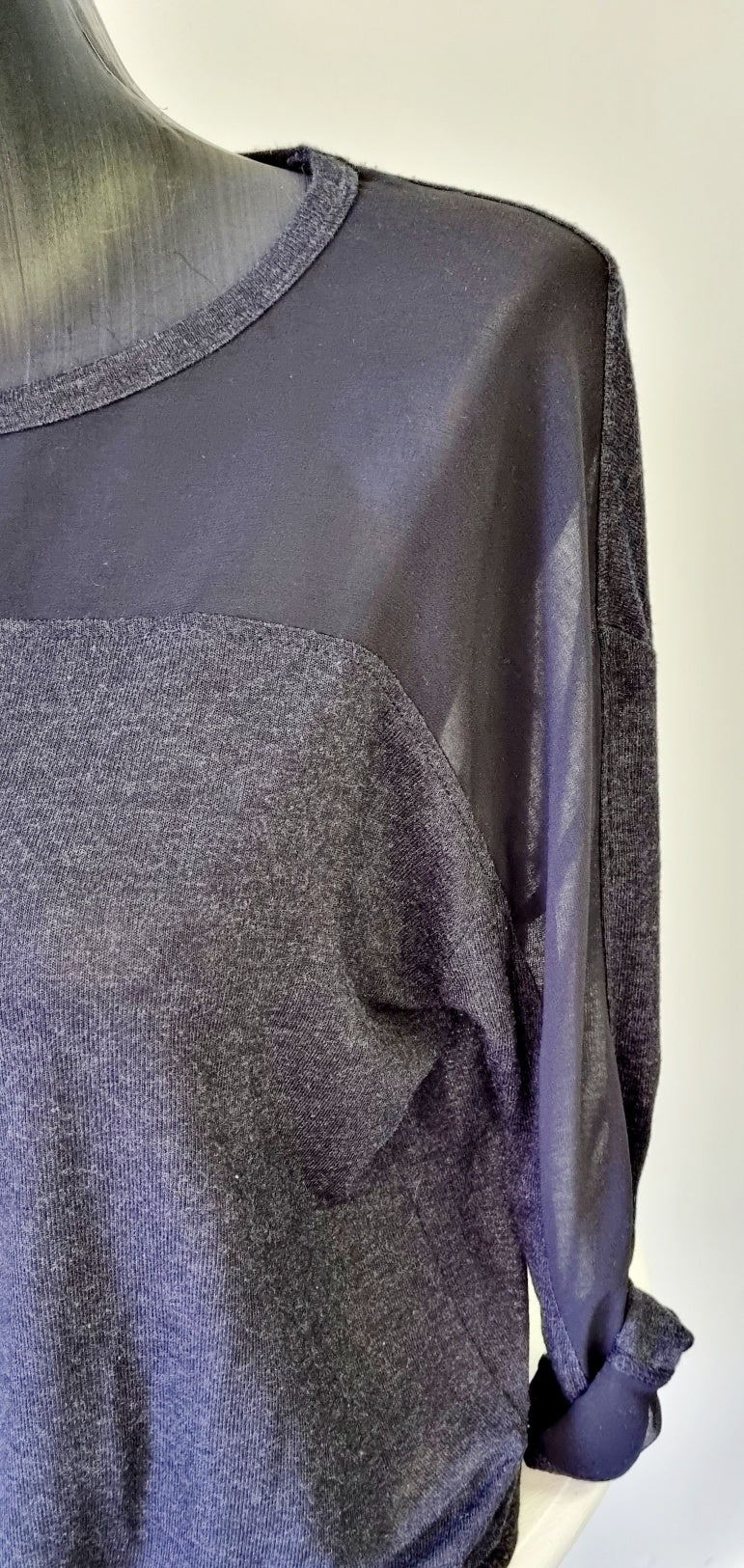 Zara - Thin Black Soft Knit Long Sleeve Blouse With Sheer Insert Hem and Neckline