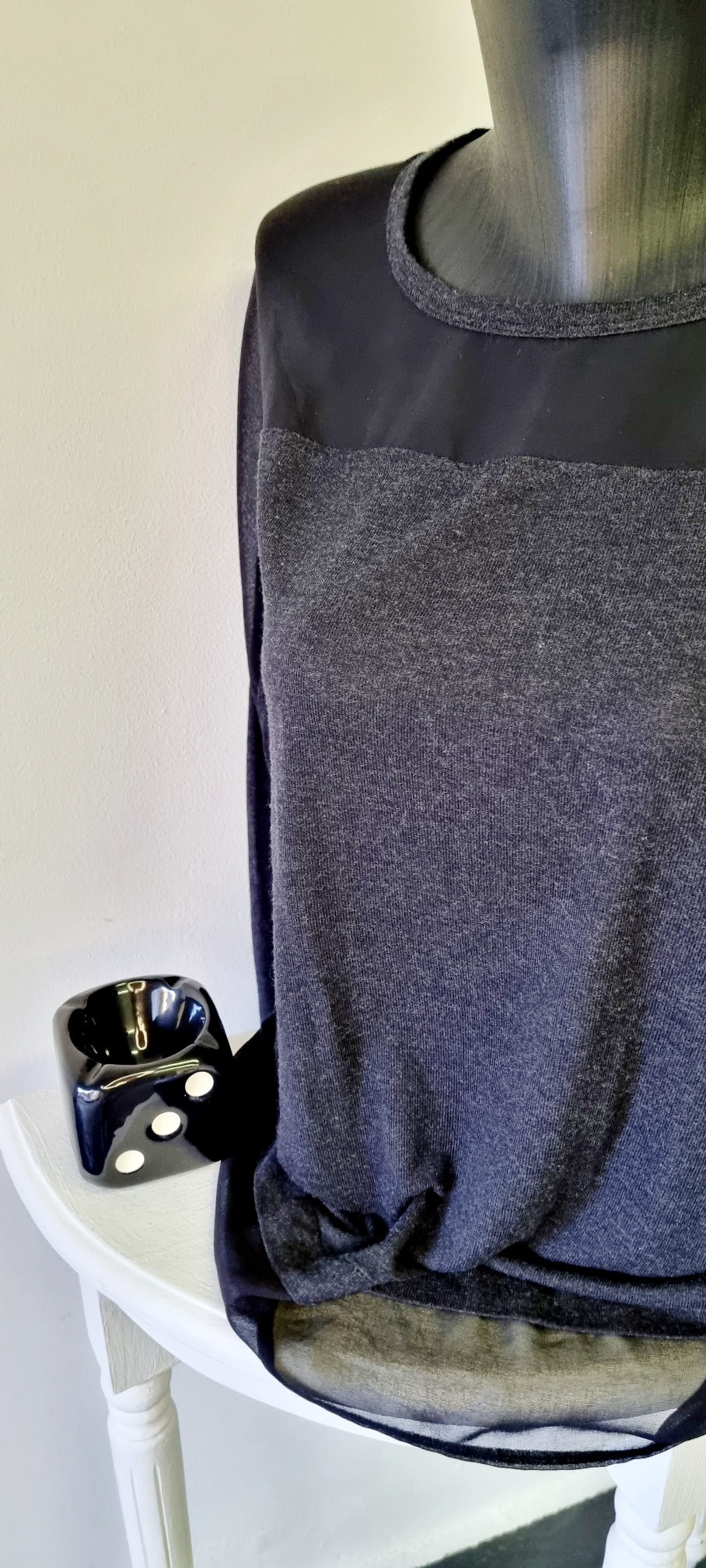 Zara - Thin Black Soft Knit Long Sleeve Blouse With Sheer Insert Hem and Neckline