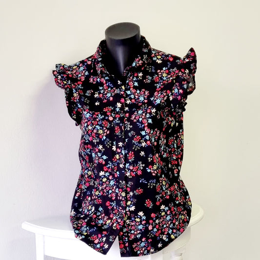 RT - Black multi color flower printed cotton short sleeve shirt