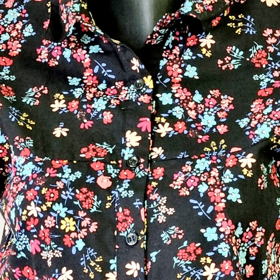 RT - Black multi color flower printed cotton short sleeve shirt