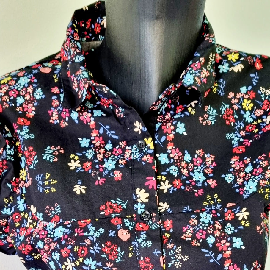 RT - Black multi color flower printed cotton short sleeve shirt