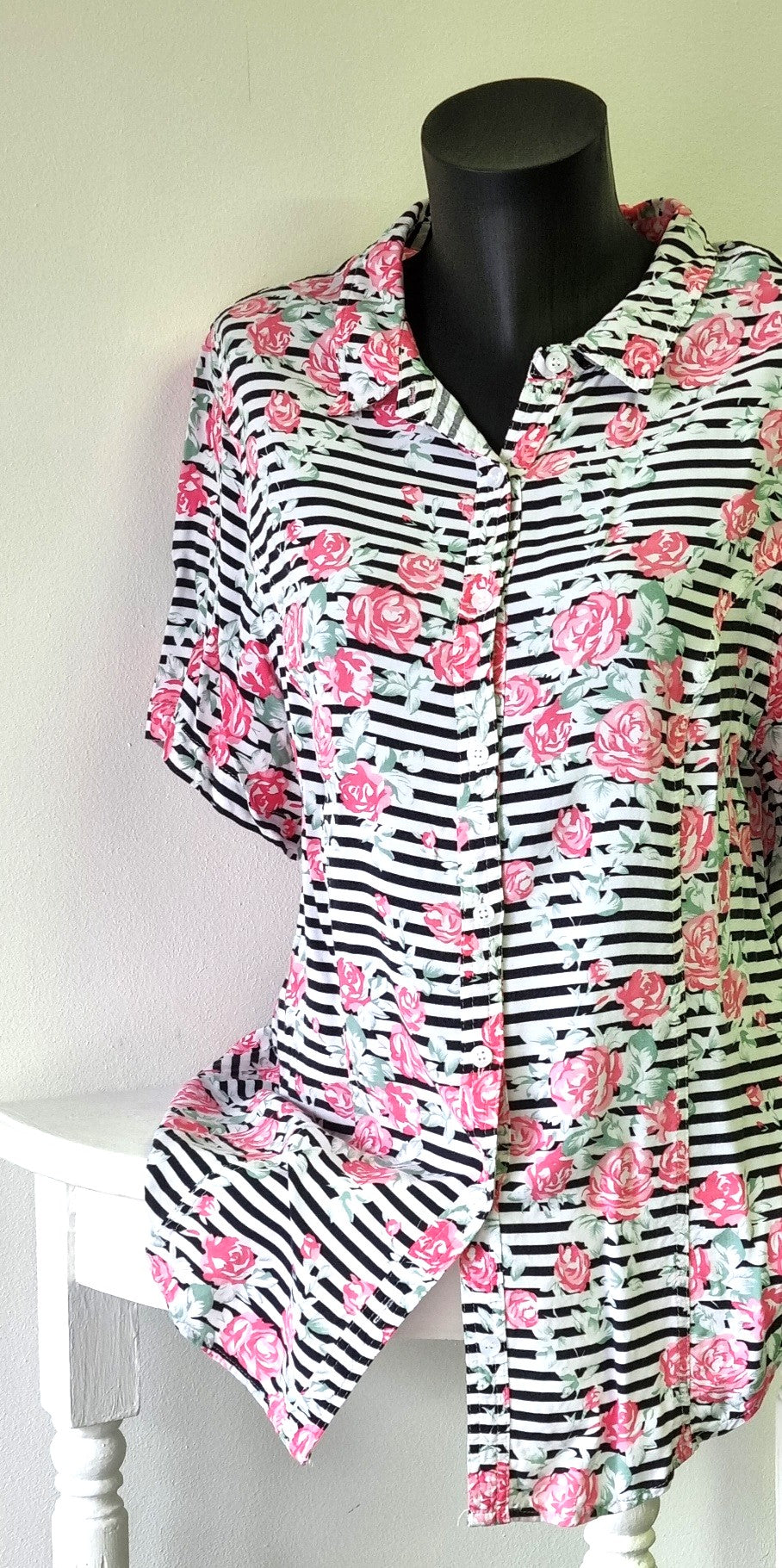 Rene Taylor - Candy pink, green and white striped summer shirt