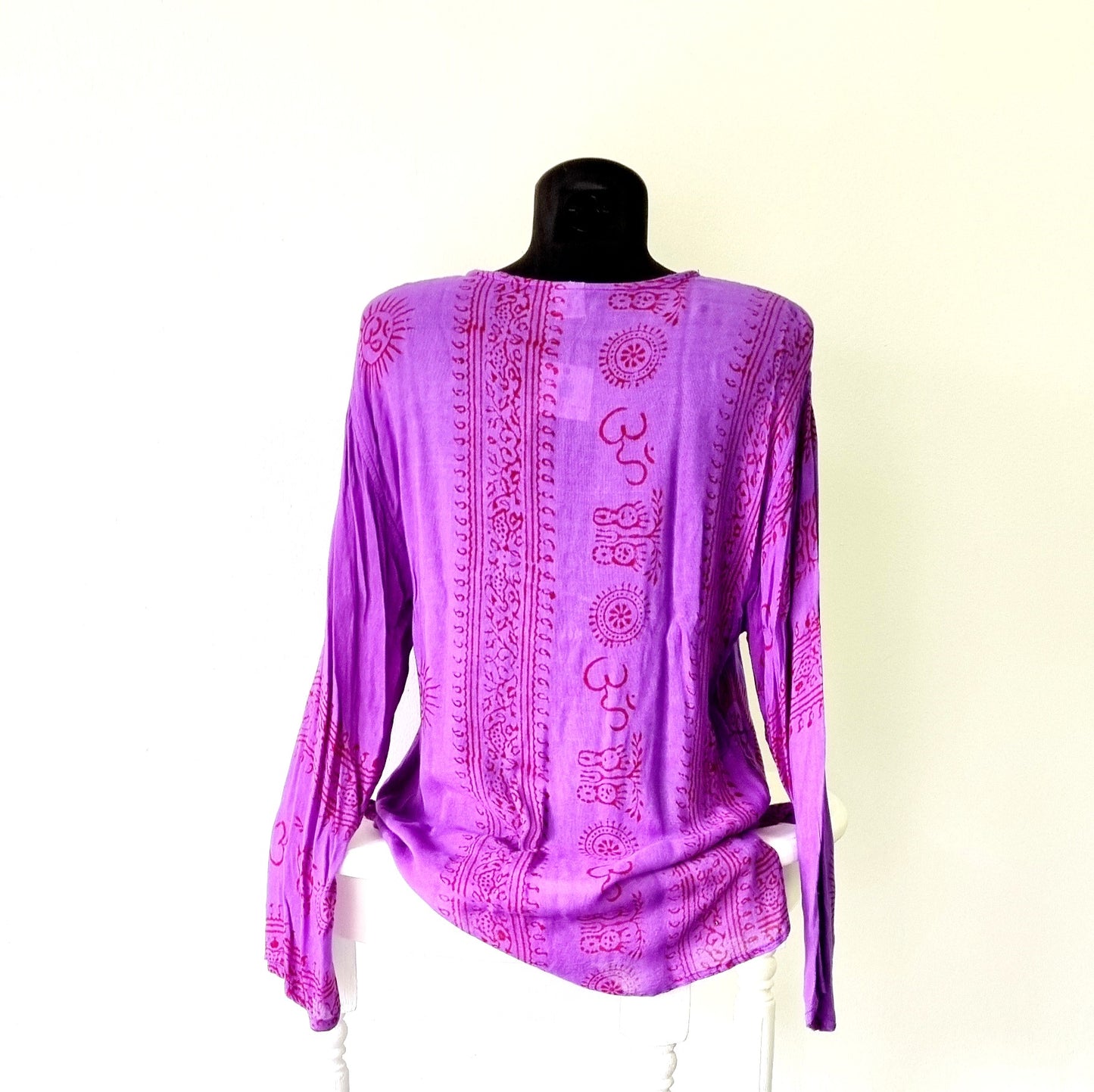 No Brand - Purple & Red Relaxed Mandarin Cotton Blouse