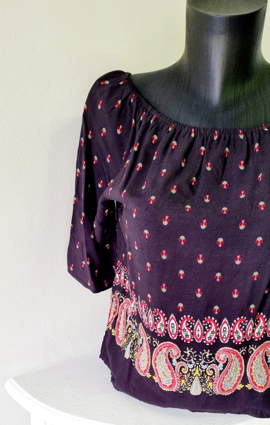 Fashion Collection - Black Printed Paisley off shoulder top