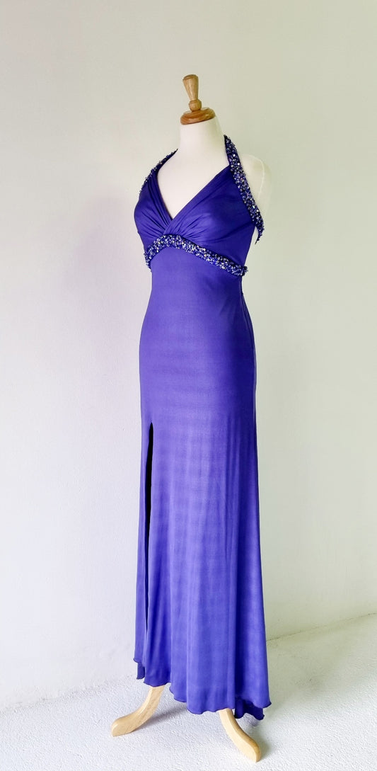 La Femme - Sequence Embellished Periwinkle Deep Blue Halterneck Formal Maxi Dress