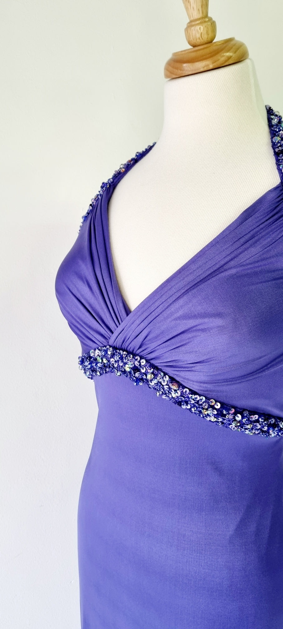 La Femme - Sequence Embellished Periwinkle Deep Blue Halterneck Formal Maxi Dress