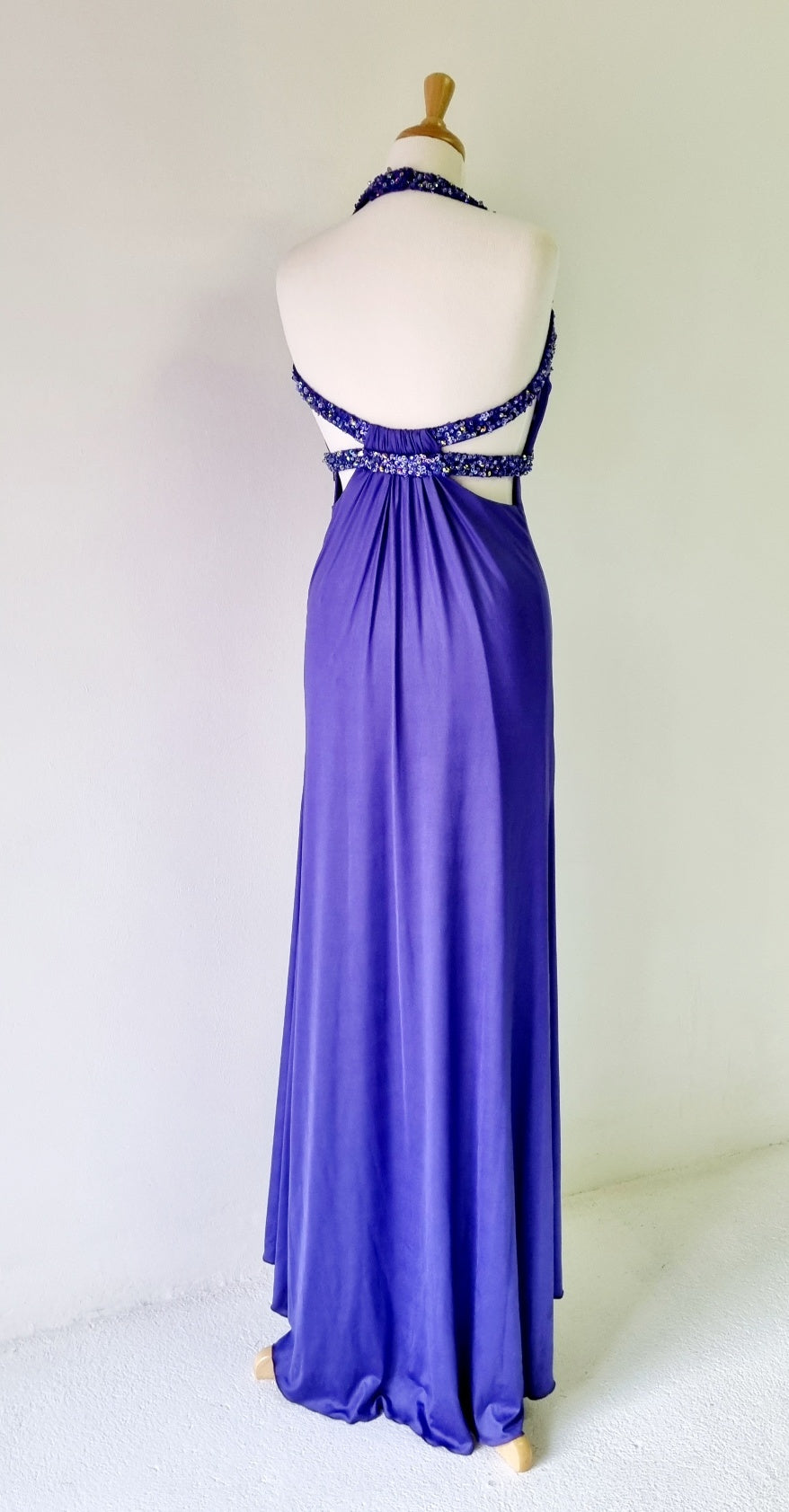 La Femme - Sequence Embellished Periwinkle Deep Blue Halterneck Formal Maxi Dress